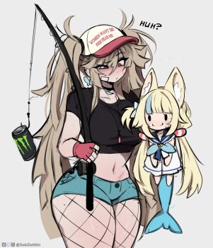 Rule 34 | 2girls, :3, absurdres, animal ear fluff, animal ears, artist name, baseball cap, black eyes, black shirt, blonde hair, blue shorts, blue streaks, blunt bangs, breasts, butterfly earrings, can, cat ears, closed mouth, commentary, cowboy shot, dokidomiki, dress, drink can, earrings, english commentary, fingerless gloves, fins, fish girl, fish tail, fishing, fishing rod, fishnet pantyhose, fishnets, frilled sailor collar, frills, gloves, hair between eyes, hat, highres, holding, holding fishing rod, indie virtual youtuber, jewelry, large breasts, lifebuoy hair ornament, long hair, looking at another, low twintails, meme, messy hair, micro shorts, midriff, miki (dokidomiki), monster energy, multicolored hair, multiple girls, one side up, original, pantyhose, parted bangs, pink eyes, pink gloves, pink hat, sailor collar, sameko saba, shirt, shorts, simple background, solo, streaked hair, sweat, tail, thick thighs, thighs, tiktok username, twintails, twitch username, twitter username, very long hair, virtual youtuber, white background, white dress, women want me fish fear me (meme)