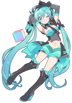 1girl ;) armpits arms_up bare_shoulders black_boots black_gloves blue_eyes blue_hair blue_skirt blush boots breasts commentary_request crop_top cropped_shirt detached_sleeves double-parted_bangs full_body fuusen_neko gloves grey_shirt grey_sleeves hair_between_eyes hatsune_miku highres knee_boots long_hair long_sleeves looking_at_viewer magical_mirai_(vocaloid) magical_mirai_miku magical_mirai_miku_(2016) midriff miniskirt navel one_eye_closed parted_lips see-through_clothes see-through_skirt shirt simple_background skirt small_breasts smile solo standing standing_on_one_leg strapless strapless_shirt twintails very_long_hair vocaloid white_background