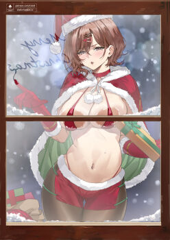 1girl bikini black_pantyhose breasts brown_hair cape capelet christmas cleavage club3 collar elbow_gloves gift glass_writing gloves hat higuchi_madoka idolmaster idolmaster_shiny_colors large_breasts looking_at_viewer mole mole_under_eye outdoors pantyhose purple_eyes red_bikini red_capelet red_gloves santa_bikini santa_costume santa_hat snow snowing solo swimsuit