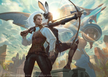 1boy 1girl absurdres aiming aircraft airship animal_ears arif_wijaya arrow_(projectile) balflear bow_(weapon) brown_hair commentary copyright_name copyright_notice dark-skinned_female dark_skin ears_through_headwear english_commentary final_fantasy final_fantasy_xii fran_(ff12) gun highres lens_flare looking_to_the_side magic:_the_gathering official_art over_shoulder rabbit_ears rifle sitting smirk sun sunlight viera weapon weapon_over_shoulder white_hair