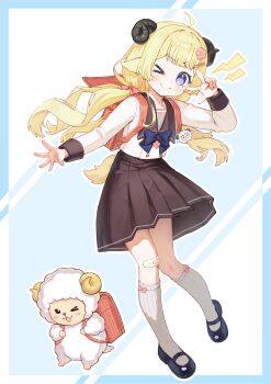 >_o 1girl absurdres aged_down ahoge animal_ears backpack bag bandaid bandaid_on_knee bandaid_on_leg black_shoes blonde_hair blue_bow blue_bowtie bow bowtie brown_sailor_collar brown_skirt buttons child commentary double-breasted flower_hairpin full_body hair_ornament hairclip highres hololive horns kneehighs long_hair long_sleeves looking_at_viewer low_twintails mary_janes one_eye_closed pleated_skirt purple_eyes randoseru ribbed_socks sailor_collar school_uniform sheep_ears sheep_girl sheep_horns sheep_tail shirt shoes skirt socks solo tail tsubasasekai tsunomaki_watame tsunomaki_watame_(young) twintails v v_over_eye virtual_youtuber watamate white_shirt