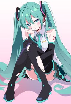 1girl absurdres bare_shoulders black_boots black_skirt black_sleeves blue_eyes blush boots closed_mouth collared_shirt commentary_request convenient_leg detached_sleeves double-parted_bangs full_body gradient_background green_hair grey_shirt hair_between_eyes hatsune_miku highres hutaba_haru knees_up long_hair long_sleeves looking_at_viewer miniskirt number_tattoo pink_background pleated_skirt shirt shoulder_tattoo sitting skirt sleeveless sleeveless_shirt solo tattoo thigh_boots torn_boots twintails very_long_hair vocaloid white_shirt wide_sleeves