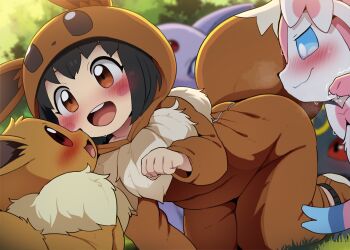1girl :d all_fours black_hair blush blush_stickers brown_eyes clenched_hand commentary_request cosplay dagasi day eevee eevee_(cosplay) espeon gen_1_pokemon gen_2_pokemon gen_6_pokemon grass highres hood hood_up long_sleeves nervous_smile nintendo onesie open_mouth outdoors poke_kid_(pokemon) pokemon pokemon_(creature) pokemon_swsh smile sylveon teeth umbreon upper_teeth_only
