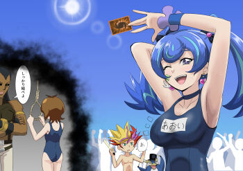 2girls 3boys absurdres ahoge alternate_form arm_behind_head armlet armor armpits arms_up bare_pectorals bare_shoulders bird black_hair black_hat black_sclera black_wrist_cuffs blue_angel_(yu-gi-oh!) blue_choker blue_eyes blue_hair blue_one-piece_swimsuit blue_sky blue_wrist_cuffs breastplate breasts brown_hair brown_tunic card character_request cheering choker clear_sky clenched_hands colored_bangs colored_sclera crossed_arms crowd crowded dappled_sunlight dark-skinned_male dark_persona dark_skin faceless facial_tattoo facing_another facing_away facing_to_the_side fujiki_yusaku glowstick gold_armlet green_eyes grey_background happy hat heart_ear_ornament highres holding holding_card holding_glowstick implied_suicide in-franchise_crossover khaki_pants large_breasts meta multiple_boys multiple_girls muto_dt noose one-piece_swimsuit one_eye_closed open_mouth otaki_shuzo pants pectorals penguin playmaker_(yu-gi-oh!) red_hair rope school_swimsuit scrunchie shirt sky sleeveless sleeveless_shirt speech_bubble spiked_hair suicide sun sunlight swimsuit tattoo top_hat topless_male translation_request tunic twintails virtual_reality white_pants wrist_cuffs wrist_scrunchie yellow_eyes yu-gi-oh! yu-gi-oh!_5d&#039;s yu-gi-oh!_duel_monsters yu-gi-oh!_vrains zaizen_aoi