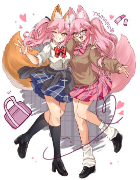 0kami_89zo 2girls absurdres animal_ears bag bow bowtie brown_sweater clothes_around_waist commentary_request cosmetics fang fate/grand_order fate_(series) fox_ears fox_tail glasses grin heart highres koyanskaya_(fate) lipstick_tube long_hair multiple_girls one_eye_closed pink_bow pink_bowtie pink_nails plaid_clothes plaid_skirt red_bow red_bowtie school_bag school_uniform shirt signature skirt smile sweater tail tamamo_no_mae_(fate) v white_shirt