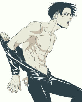 1boy abs levi_(shingeki_no_kyojin) male_focus muscular muscular_male nipples open_mouth out_of_frame pulling_another&#039;s_clothes satsuki_llab shingeki_no_kyojin short_hair solo_focus undercut