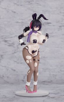 1girl 3d animal_ears barcode barcode_tattoo black_gloves black_hiphighs blush breasts breasts_squeezed_together brown_dust_(series) brown_dust_2 cleavage cross cross_pasties elbow_gloves fake_animal_ears figure full_body gloves hair_between_eyes heart_maebari high_heels highres hiphighs holding holding_tray huge_breasts illlrabbit large_variant_set latex latex_gloves leg_tattoo loen_(brown_dust_2) loen_(celebrity_bunny)_(brown_dust_2) looking_at_viewer maebari navel pantyhose pasties pink_shoes purple_eyes purple_hair rabbit_ears reverse_bunnysuit reverse_outfit shoes short_twintails solo stiletto_heels stomach tattoo thigh_strap torn_clothes torn_hiphighs torn_pantyhose tray twintails variant_set