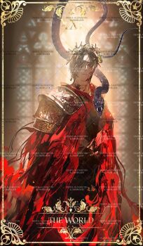 1boy arched_window armor black_hair blood blood_on_clothes blood_on_face breastplate cloak cowboy_shot duanxiaosheng1 expressionless highres indoors light_rays limbus_company looking_at_viewer male_focus monk_(final_fantasy) project_moon red_cloak red_eyes short_hair shoulder_armor snake solo tarot the_world_(tarot) too_many_watermarks torn_cloak torn_clothes vergilius_(project_moon) watermark window