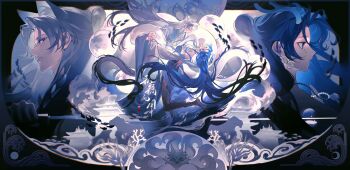 1boy 1girl absurdres blue_dress blue_eyes blue_hair blue_horns blue_theme chinese_clothes closed_mouth coral_reef couple dress earrings ershisi_shao_qing fish full_moon highres horns jewelry long_hair long_sleeves looking_at_viewer moon multiple_views original parted_bangs profile school_of_fish tears watermark white_hair wide_sleeves