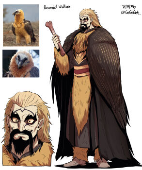 1boy absurdres beak beard bearded_vulture bird black_facial_hair black_hair blonde_hair bone brown_wings facial_hair facial_mark feathers gegegekman highres mustache original reference_inset smile vulture wings