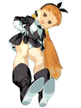 1girl blunt_bangs boots brown_eyes commentary_request from_below hairband highres juliet_sleeves long_hair long_sleeves luo_xiaohei_zhanji mob_face orange_hair panties pantyshot puffy_sleeves shanxin_(the_legend_of_luoxiaohei) simple_background soosaresu twintails underwear upskirt white_background white_panties