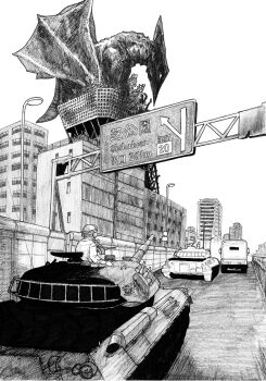 absurdres browning_m2 building city daiei_film english_text folded_wings gamera:_guardian_of_the_universe gamera_(series) gun gyaos heavy_machine_gun helmet highres highway japan_self-defense_force japanese_text kaiju machine_gun military military_vehicle mixed-language_text monochrome motor_vehicle real_world_location sakajun sign sketch skyscraper slit_pupils super_gyaos tail tank tokyo_(city) tokyo_tower truck type_90_(tank) weapon wings