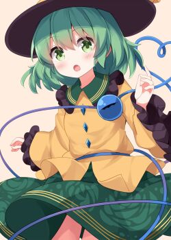 1girl :o black_hat blush buttons collared_shirt commentary_request contrast_collar cowboy_shot diamond_button floral_print frilled_shirt_collar frilled_sleeves frills green_eyes green_hair green_skirt hand_up hat heart heart_of_string highres komeiji_koishi long_sleeves looking_at_viewer open_mouth print_skirt rose_print ruu_(tksymkw) shirt short_hair simple_background skirt solo third_eye touhou wide_sleeves yellow_shirt