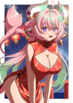 1girl absurdres alternate_costume alternate_hairstyle animal_ears aqua_hair bandaid_on_horn border breasts bright_pupils china_dress chinese_clothes cleavage cleavage_cutout clothing_cutout commentary_request cow_ears cow_girl cow_horns cow_tail cowboy_shot dress ear_bell fuyunash1 genshin_impact gradient_hair hair_between_eyes hair_ornament highres horns lantern large_breasts leaning_forward long_hair looking_at_viewer multicolored_hair night open_mouth outdoors outside_border paper_lantern pink_hair pink_tail purple_eyes railing red_dress signature sky sleeveless sleeveless_dress solo star_(sky) starry_sky streaked_hair tail teeth upper_teeth_only varesa_(genshin_impact) very_long_hair white_border white_pupils