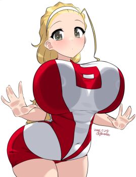 1girl against_glass blonde_hair blush breast_press breasts breasts_on_glass buruma covered_navel girls_und_panzer green_eyes hairband kuzuryuu_kennosuke large_breasts long_hair open_mouth ponytail red_buruma sasaki_akebi simple_background solo sportswear volleyball_uniform white_background