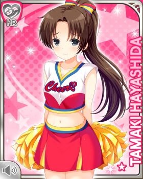 1girl arms_behind_back brown_hair button character_name cheerleader closed_mouth girlfriend_(kari) hayashida_tamaki holding long_hair looking_at_viewer midriff navel official_art pink_background pom_pom_(cheerleading) qp:flapper red_skirt ribbon school_uniform shirt grey_eyes skirt smile white_shirt