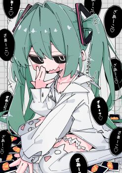 1girl absurdres animal_ear_legwear aomoringo aqua_hair black_sclera blush borrowed_clothes card cat_ear_legwear colored_sclera commentary_request hatsune_miku highres long_hair long_sleeves looking_at_viewer mesugaki mesugaki_pose mimukauwa_nice_try_(vocaloid) on_floor open_mouth shirt sitting smug solo speech_bubble thighhighs twintails uno_(game) wariza white_shirt white_thighhighs zako_(phrase)