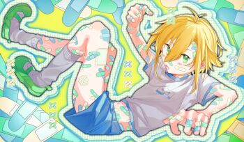 1boy absurdres bandages bandaid bandaid_on_arm bandaid_on_cheek bandaid_on_face bandaid_on_finger bandaid_on_forehead bandaid_on_hand bandaid_on_head bandaid_on_knee bandaid_on_leg bandaid_on_neck bandaid_on_nose bandaid_on_stomach bandaid_on_thigh blonde_hair blue_shorts blush crossed_bandaids green_eyes green_shoes gym_shirt gym_shorts gym_uniform highres male_focus midriff_peek mitei_3 nijisanji pointing pointing_at_self shirt shoes shorts shota socks stomach uzuki_kou virtual_youtuber white_socks