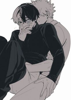 2boys arm_around_waist arm_up bakugou_katsuki bktd1715 blush boku_no_hero_academia bottomless breath clenched_teeth clothes_lift clothes_pull commentary covering_own_mouth double-parted_bangs greyscale hair_behind_ear hand_on_another&#039;s_thigh hand_over_own_mouth hashtag-only_commentary heterochromia implied_penetration implied_sex long_sleeves male_focus monochrome multicolored_hair multiple_boys pants pants_pull shirt shirt_lift short_hair simple_background sleeves_rolled_up spiked_hair split-color_hair sweat teeth todoroki_shoto turtleneck white_background yaoi
