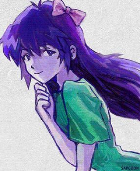 1990s_(style) 1girl artist_name aubrey_(headspace)_(omori) aubrey_(omori) blue_shirt bow closed_mouth colored_skin hair_bow long_hair long_shirt looking_at_viewer omori pink_bow purple_eyes purple_hair retro_artstyle sapgoon shirt short_sleeves smile solo upper_body white_skin