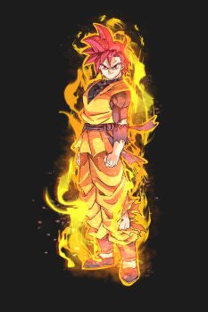 Rule 34 | 1boy, absurdres, beatlo (rodrigo38658978), black background, black shirt, dougi, dragon ball, dragon ball super, dragonball z, full body, highres, male focus, muscular, muscular male, orange pants, orange shirt, pants, red eyes, red hair, shirt, short hair, simple background, solo, son goten, spiked hair, torn clothes, torn shirt