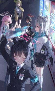 5girls absurdres ahoge animal_ear_fluff animal_ears ayane_(blue_archive) black_gloves black_hair black_jacket black_skirt blazer blue_archive blue_eyes blue_halo blue_necktie blue_scarf bottle buttons cardigan cat_ears closed_eyes closed_mouth collared_shirt commentary cross_hair_ornament english_commentary extra_ears fingerless_gloves foreclosure_task_force_(blue_archive) glasses gloves green_halo grey_hair hair_ornament halo heterochromia highres holding holding_bottle hoshino_(blue_archive) id_card jacket light_brown_hair long_hair maeru medium_hair multiple_girls necktie night nonomi_(blue_archive) open_cardigan open_clothes open_jacket open_mouth outdoors pink_hair pink_halo pleated_skirt pointy_ears red-framed_eyewear red_halo scarf serika_(blue_archive) shiroko_(blue_archive) shirt short_hair skirt smile socks vending_machine white_shirt white_socks wolf_ears yellow_cardigan yellow_eyes