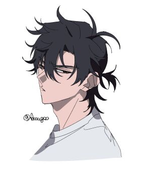 1boy antenna_hair black_hair brown_eyes cheng_xiaoshi collared_shirt foooo_goo hair_between_eyes highres looking_at_viewer male_focus medium_hair messy_hair parted_lips ponytail portrait shiguang_dailiren shirt short_hair short_ponytail simple_background solo twitter_username white_background white_shirt