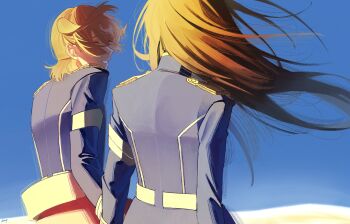 Rule 34 | 2girls, ^ ^, absurdres, aijou karen, arms at sides, artist name, backlighting, belt, black hair, blue jacket, blue sky, blurry, blurry background, brown hair, closed eyes, commentary, day, desert, english commentary, epaulettes, facing away, floating hair, from behind, grin, highres, jacket, kagura hikari, ling (chaaaaanhikari), long hair, long sleeves, multiple girls, outdoors, parted lips, profile, red skirt, short hair, shoujo kageki revue starlight, skirt, sky, smile, standing, two side up, upper body, white belt