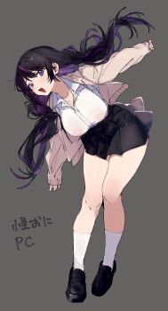 1girl absurdres black_hair black_skirt breasts cardigan commentary_request dress_shirt full_body grey_background highres large_breasts loafers long_hair long_sleeves low_twintails miniskirt open_mouth original pleated_skirt purple_eyes rkr shirt shoes simple_background skirt socks solo thick_thighs thighs twintails white_shirt