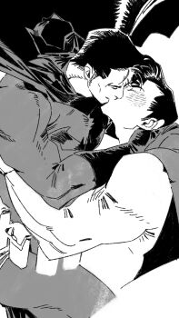 2boys absurdres batman batman_(series) blush bodysuit cape closed_eyes commentary_request cowl dc_comics forked_eyebrows gloves greyscale hand_on_another's_neck head_back highres kiss male_focus monochrome multiple_boys muscular muscular_male profile short_hair siyangou49 superhero_costume superman superman_(series) white_background yaoi