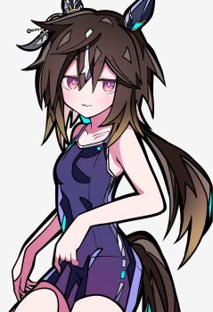 1girl animal_ears bare_shoulders blue_one-piece_swimsuit blush breasts brown_hair closed_mouth clothing_cutout collarbone competition_school_swimsuit ear_covers hair_between_eyes highres horse_ears horse_girl horse_tail kikkasoon long_hair looking_at_viewer multicolored_hair one-piece_swimsuit ponytail purple_eyes school_swimsuit simple_background single_vertical_stripe small_breasts smile solo stay_gold_(umamusume) streaked_hair swimsuit tail tail_through_clothes tracen_swimsuit umamusume white_background white_hair