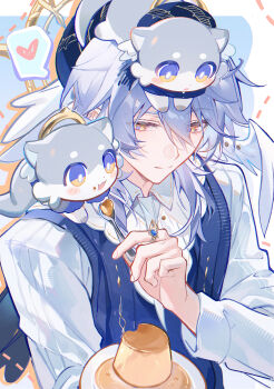 Rule 34 | 1boy, absurdres, animal, animal on head, animal on shoulder, blue hair, blue hat, blue vest, chimera (honkai: star rail), closed mouth, collared shirt, commentary, earrings, feathered wings, feeding, food, hair between eyes, hair over shoulder, halo, halo behind head, hat, head wings, heart, highres, holding, holding food, holding spoon, honkai: star rail, honkai (series), jewelry, long hair, long sleeves, male focus, on head, piercing, pudding, ring, school uniform, shirt, solo, spoken heart, spoon, sunday (brilliant youth) (honkai: star rail), sunday (honkai: star rail), symbol-only commentary, upper body, vest, weibo 5516321954, white shirt, white wings, wing piercing, wings, yellow eyes