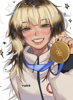 Rule 34 | 1girl, 2026 winter olympics, alysa liu, black nails, blonde hair, blush, brown eyes, brown hair, commentary, english commentary, face piercing, highres, holding medal, jacket, looking at viewer, mole, mole above mouth, mole on cheek, mouth piercing, multicolored hair, olympics, parted lips, piercing, real life, smile, solo, sparkle, streaked hair, tuna.biodegradable, white background, white jacket