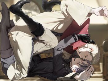 2boys black_boots black_coat blonde_hair blurry blurry_background boots brown_boots closed_eyes coat commentary_request duckchuni earrings green_eyes grey_pants hand_on_another&#039;s_head hand_on_another&#039;s_neck jewelry korean_commentary long_sleeves male_focus multiple_boys open_mouth pants purple_hair rumeld_othmayer saibou_shinkyoku short_hair stuck_in_a_box sweat theodore_riddle wide_sleeves yaoi yellow_coat