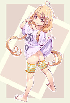 10s 1girl :q ahoge ass barefoot blonde_hair butt_crack clothes_pull clothes_writing feet female_focus futaba_anzu highres honzawa_yuuichirou idolmaster idolmaster_cinderella_girls loli long_hair looking_at_viewer mooning off_shoulder red_eyes shirt shorts shorts_pull solo standing t-shirt tongue tongue_out twintails