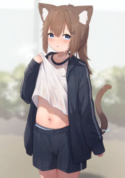 1girl absurdres animal_ear_fluff animal_ears black_jacket black_shorts blue_eyes blurry blurry_background blush brown_hair cat_ears cat_girl cat_tail clothes_lift collarbone commentary_request flat_chest gym_shirt gym_uniform hair_ornament hairclip highres hinata_(user_rjkt4745) jacket lifting_own_clothes long_hair looking_at_viewer midriff navel original outdoors paid_reward_available panties_under_shorts shirt shirt_lift shorts solo standing sweat tail twitter_username white_shirt