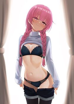 1girl :3 alternate_costume arms_at_sides backlighting bare_arms black_bra black_panties black_shorts blunt_bangs blush bra braid breasts closed_mouth clothes_lift clothes_pull commentary_request cowboy_shot curtains eyes_visible_through_hair floral_print floral_print_bra floral_print_panties head_tilt highres lingerie long_hair looking_at_viewer mitsukasa_ayase navel official_alternate_hairstyle panties pink_eyes pink_hair presenting print_bra print_panties pulling_own_clothes riddle_joker rose_print shorts shorts_pull simple_background sleeves_past_wrists small_breasts smile smug solo stomach sweater sweater_lift tft_(tft7822) tsurime turtleneck turtleneck_sweater twin_braids underwear white_background white_sweater