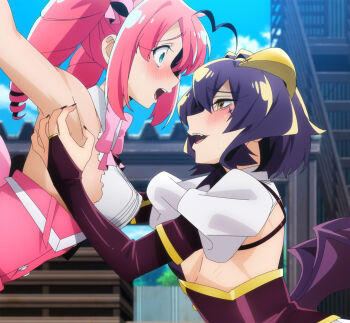 2girls ahoge anime_screenshot armpits arms_up bat_wings blush bound bound_arms bow breasts corset drill_hair hanabishi_haruka highres hiiragi_utena horns laughing magia_baiser magia_magenta magical_girl mahou_shoujo_ni_akogarete medium_breasts multiple_girls official_art open_mouth outdoors outstretched_arms pink_hair purple_hair restrained ribbon sideboob spread_arms stitched symbol-shaped_pupils t-pose tagme tearing_up teeth third-party_edit tickling torn_clothes twin_drills twintails wakipai wings yuri