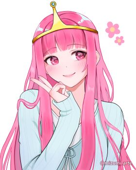 1girl absurdres adventure_time blush crown flower highres long_hair long_sleeves mizumi_arte pink_eyes pink_flower pink_hair pointing princess_bonnibel_bubblegum shirt smile solo sweater v white_shirt