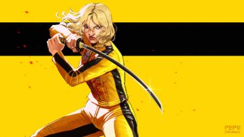 Rule 34 | 1girl, beatrix kiddo, black background, blonde hair, blood, blood on clothes, blood on face, bloody weapon, blue eyes, bruce lee's jumpsuit, commentary, cowboy shot, english commentary, floating hair, highres, holding, holding sword, holding weapon, jumpsuit, katana, kill bill, looking to the side, medium hair, pepedraws, solo, sword, weapon, yellow background, yellow jumpsuit, yellow theme