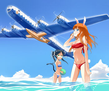 2girls aircraft airplane animal_ears b-29 b-29_superfortress ball bandeau beachball bell_x-1 bikini black_hair blue_eyes bomber breasts cat_ears charlotte_e._yeager cloud day francesca_lucchini fukumaru_(ns1) green_eyes highres long_hair medium_breasts military military_vehicle multiple_girls ocean orange_hair outdoors rabbit_ears rabbit_girl red_bikini sky small_breasts strike_witches striped_bikini striped_clothes swimsuit vehicle_focus water world_witches_series x-1