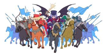 Rule 34 | 2girls, 4others, alternate costume, alternate headwear, ambiguous gender, armor, arrow (projectile), barding, bat wings, belt, blonde hair, blue boots, blue cape, blue dress, blue hair, blue hat, boots, bow (weapon), breastplate, brown dress, cape, chinese commentary, coat, collared shirt, commentary request, crystal, crystal wings, devilkillerx, drawing bow, dress, flandre scarlet, full armor, gloves, grin, hair between eyes, halberd, hat, helmet, highres, holding, holding arrow, holding bow (weapon), holding polearm, holding reins, holding sword, holding weapon, horseback riding, lace-up boots, long hair, military hat, military uniform, multicolored wings, multiple girls, multiple others, neck ribbon, necktie, one side up, open clothes, open coat, open mouth, polearm, red boots, red cape, red coat, red eyes, red hat, red necktie, red ribbon, red shirt, reins, remilia scarlet, ribbon, riding, saber (weapon), saddle, shirt, siblings, sisters, smile, spear, stirrups (riding), sword, thigh boots, touhou, two-sided cape, two-sided fabric, unfinished, weapon, white gloves, wings