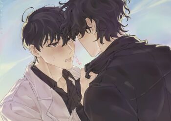 2boys aegyo_sal black_coat black_hair black_shirt blush clenched_teeth clothes_grab coat collared_shirt commentary_request curtained_hair kim_dokja korean_commentary looking_at_another making_board male_focus multiple_boys omniscient_reader&#039;s_viewpoint open_clothes open_coat popped_collar shirt shirt_grab short_hair sound_effects teeth translation_request upper_body white_coat yoo_joonghyuk