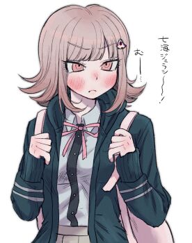 1girl blush breasts brown_hair collared_shirt commentary_request danganronpa_(series) danganronpa_2:_goodbye_despair flipped_hair frown hair_ornament highres hood hu_(kontonakiyamazu) jacket long_sleeves medium_hair nanami_chiaki neck_ribbon open_clothes open_jacket pink_eyes pink_ribbon pleated_skirt ribbon shirt skirt solo white_shirt