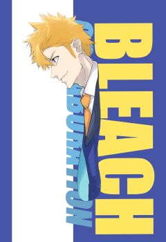 >:) 1boy alternate_costume bleach blue_background brown_eyes casual closed_mouth collared_shirt copyright_name english_text from_side hair_between_eyes hashtag-only_commentary highres kurosaki_ichigo leaning_forward looking_ahead male_focus mitu_hide43 necktie orange_hair orange_necktie profile shirt short_hair simple_background smile solo spiked_hair two-tone_background upper_body v-shaped_eyebrows white_background white_shirt