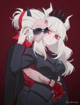 2girls absurdres badge black_necktie blunt_bangs blush breasts bruise bruise_on_face demon_girl demon_horns demon_tail fingerless_gloves gloves gradient_background hand_up helltaker highres horns hug hug_from_behind injury jacket jacket_on_shoulders justice_(helltaker) large_breasts long_hair lucifer_(helltaker) mole mole_under_eye multiple_girls necktie noah_(tettsui-sole) pants red_background red_eyes red_gloves red_shirt shirt shirt_tucked_in short_hair smile sunglasses tail twitter_username white_hair white_horns yuri