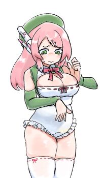 1girl apron arm_up beret blush breasts cleavage cleavage_cutout clothing_cutout collar detached_sleeves frilled_leotard frills green_beret green_eyes green_sleeves hair_ornament hairclip hat headphones leotard long_hair looking_down maid momone_momo neck_ribbon parallel_hairclips parted_bangs pink_hair red_ribbon ribbon saruyama_ushirou side_part sidelocks simple_background solo solo_focus sweatdrop thick_thighs thighhighs thighs unconventional_maid utau white_apron white_background white_collar white_leotard white_thighhighs