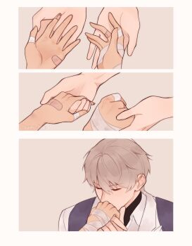 1boy 1girl bandaged_hand bandages black_shirt border closed_eyes collared_shirt couple grey_background grey_hair grey_vest hair_between_eyes hetero highres holding_hands kiss kissing_hand love_and_deepspace protagonist_(love_and_deepspace) shirt short_hair tsumi_tae turtleneck upper_body vest white_border white_shirt xavier_(love_and_deepspace)