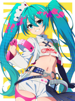 1girl aqua_eyes aqua_hair border commentary_request cowboy_shot crop_top cropped_jacket gloves goodsmile_company goodsmile_racing grin hair_ornament half_gloves hatsune_miku highres jacket long_hair looking_at_viewer midriff miku_day navel necono_(nekonosora1207) open_clothes open_jacket outside_border pink_gloves racing_miku racing_miku_(2025) shorts smile solo twintails vocaloid white_border white_jacket white_shorts yellow_background