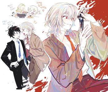 2boys akinashi_haru black_hair black_jacket black_pants black_suit blood blue_eyes blue_necktie bowl brown_cardigan brown_pants cardigan collared_shirt commentary_request diagonal-striped_clothes diagonal-striped_necktie dress_shirt food formal_clothes giant highres holding holding_mini_person hsh7955 jacket korean_commentary korean_text male_focus mini_person multiple_boys multiple_views necktie noodles open_cardigan open_clothes pants red_eyes red_necktie saihate_eki shirt short_hair striped_clothes suit tatsunami_shion translation_request white_hair white_shirt